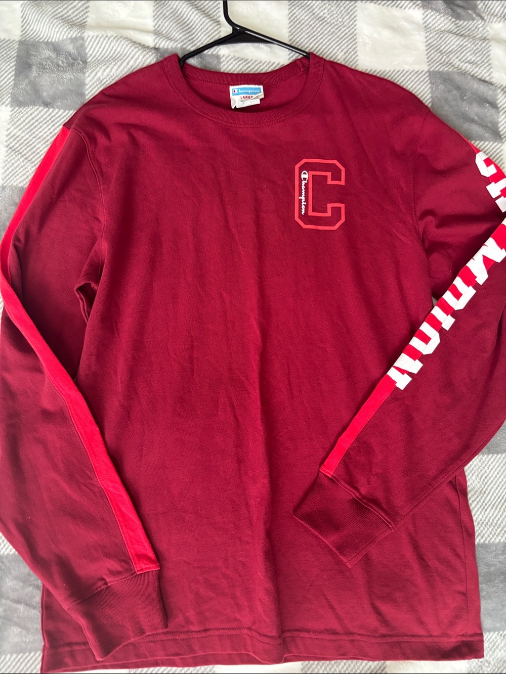 Champion Maroon Long Sleeve Shirt with Red Sleeve Stripe